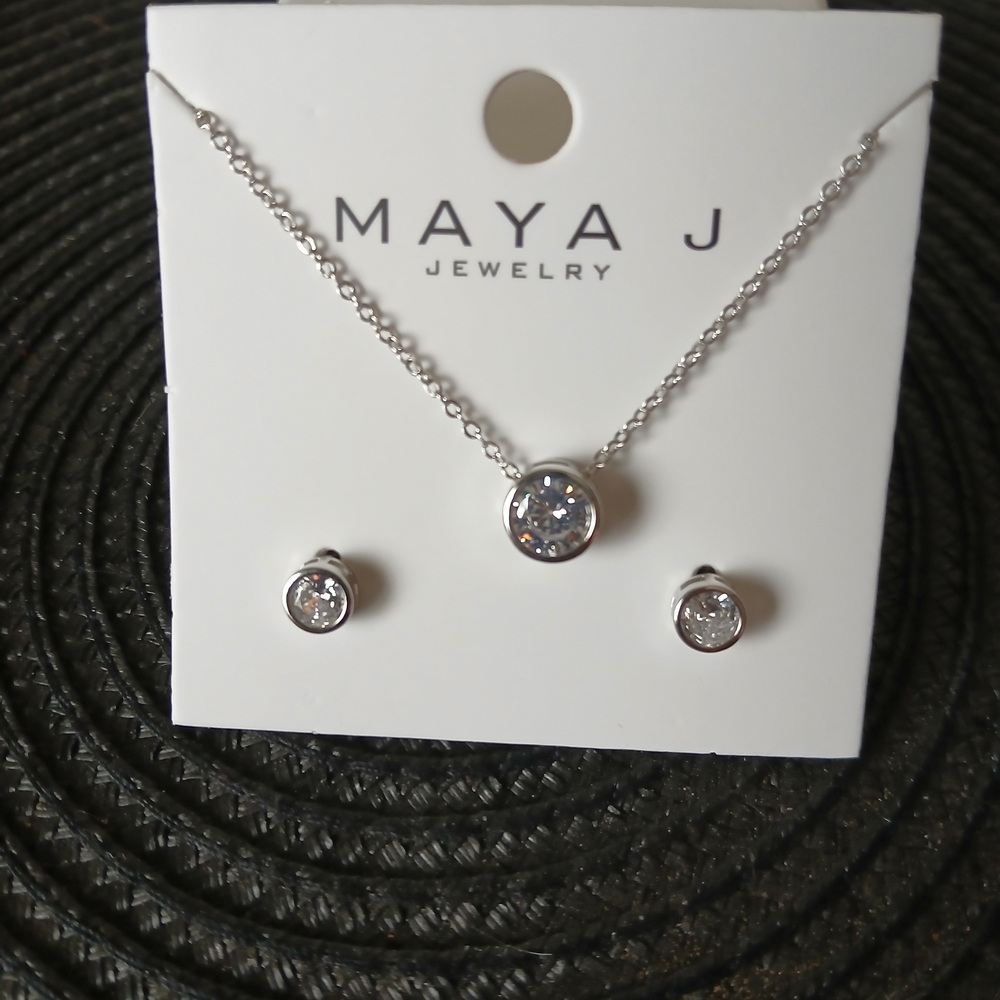 Maya J White Gold Rhodium Plated Bezel Necklace and Earring Set